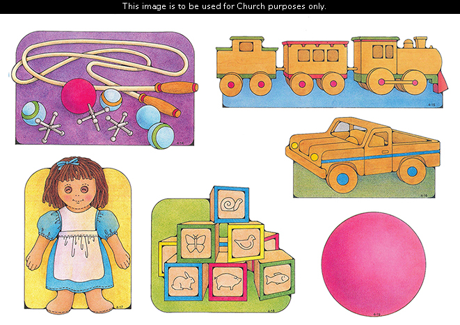 Primary cutouts of a jump rope with marbles, a ball, and jacks; a wooden train; a wooden truck; a rag doll; wooden blocks; and a pink ball.