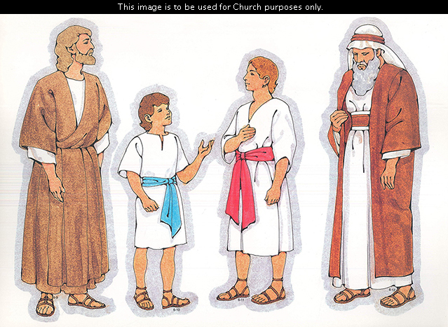 Primary cutouts of a biblical man in a brown robe, a biblical boy with brown hair, a biblical young man in white, and a biblical aged man in orange.