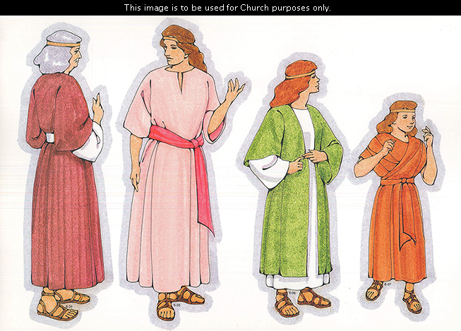 Primary cutouts of a Nephite woman with gray hair, a middle-aged Nephite woman, a Nephite young woman in a green robe, and a Nephite girl in orange.