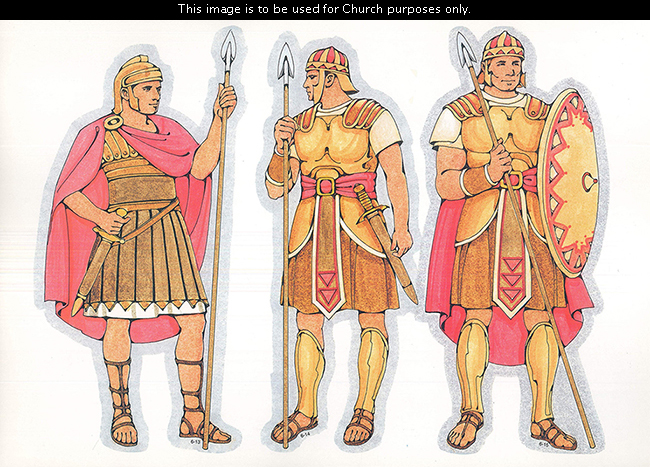 Three Primary cutouts of a Roman soldier, Nephite warrior, and Captain Moroni, each standing in armor and red robes and holding spears.