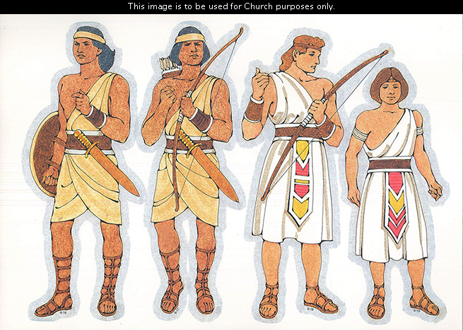 Primary cutouts of a Lamanite warrior holding a shield, a Lamanite warrior holding a bow and arrows, a Nephite holding a bow, and a young Nephite man.