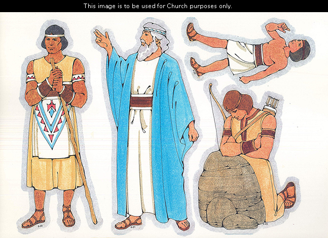 Primary cutouts of a Lamanite man holding a staff, a Book of Mormon prophet standing, a Lamanite boy walking, and the prophet Enos praying by a rock.
