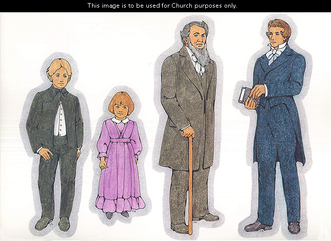 Primary cutouts of a young pioneer boy in a suit, a young pioneer girl in a purple dress, Brigham Young with a cane, and Joseph Smith with scriptures.
