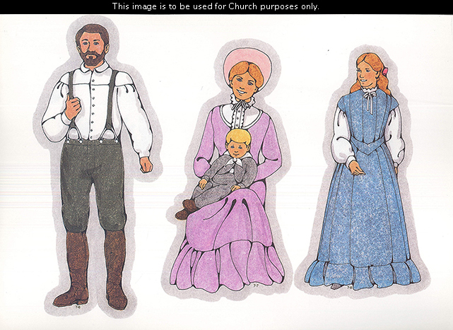 Primary cutouts of a pioneer man standing, a pioneer woman sitting with a small boy on her lap, and a young pioneer woman in a blue dress.