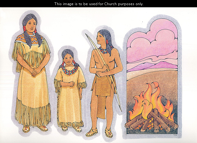 Primary cutouts of a young Indian woman, a young Indian girl, a young Indian man holding a bow, and a campfire with mountains and clouds in the distance.