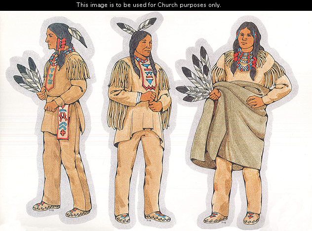 Three Primary cutouts of an Indian man holding three feathers, an Indian man standing with two feathers in his hair, and an Indian man holding a blanket.