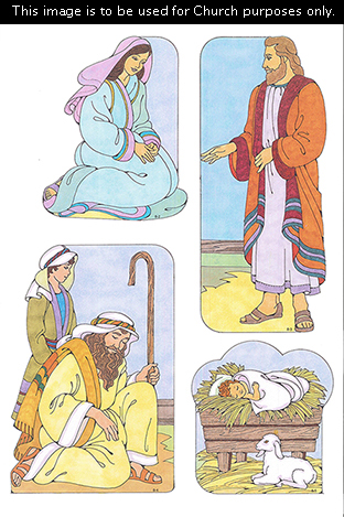 Primary cutouts of Mary kneeling, Joseph standing in an orange robe, two shepherds standing and kneeling with a staff, and baby Jesus in a manger.