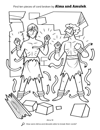 A line drawing showing Alma and Amulek breaking the cords as the prison crumbles.
