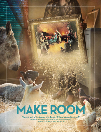 An image of a girl holding a painting of the Nativity with barn animals gathered around, paired with the words “Make Room.”