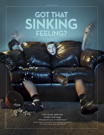 An image of a young man being absorbed by a couch, paired with the words “Got That Sinking Feeling?”