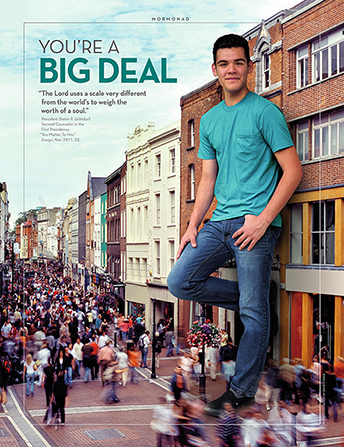 An image of a young man standing as tall as the buildings around him, combined with the words “You’re a Big Deal.”