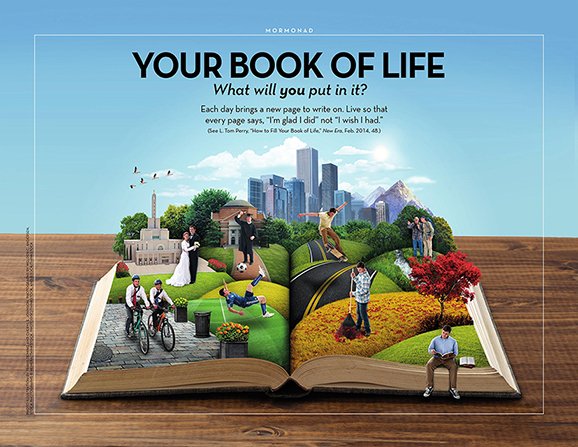 An image of a book lying open on a table to show scenes from a life, combined with the words “Your Book of Life.”