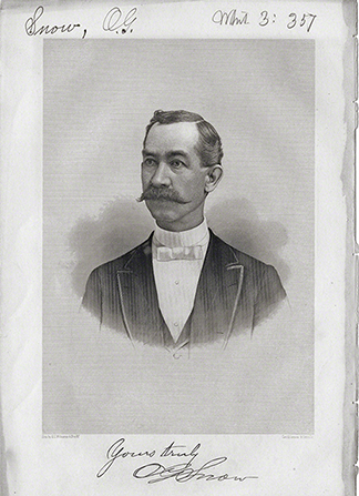 A portrait of Lorenzo Snowâ€™s father, Oliver Goddard Snow, with a mustache, wearing a white shirt, bow tie, and black suit.