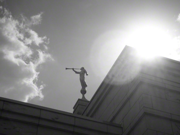 A black and white photograph of the spire of the Birmingham Alabama Temple, with the angel Moroni.